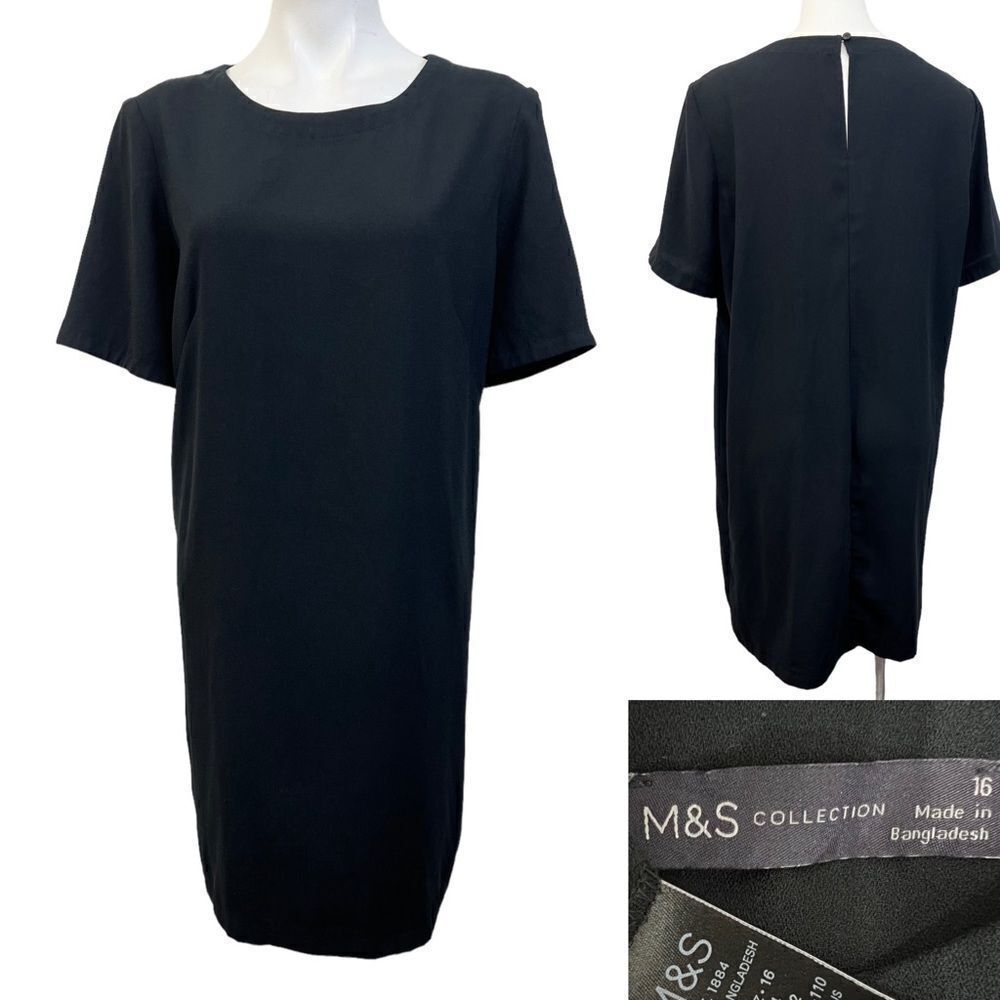 M&S Collection dress sz 12 black short sleeve knee‎ length shift US -8